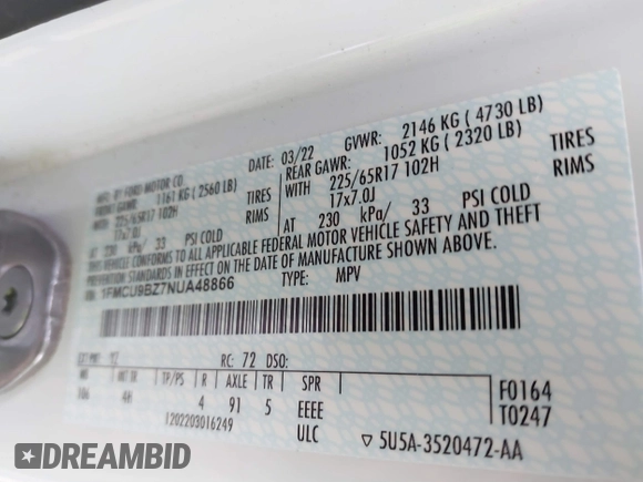2022 Ford Escape SE Hybrid with VIN 1FMCU9BZ7NUA48866, listed as a IAAI auction lot 41552593 with 89,227 mi miles and . Bid and sale history available at carsss.com. Image 9.