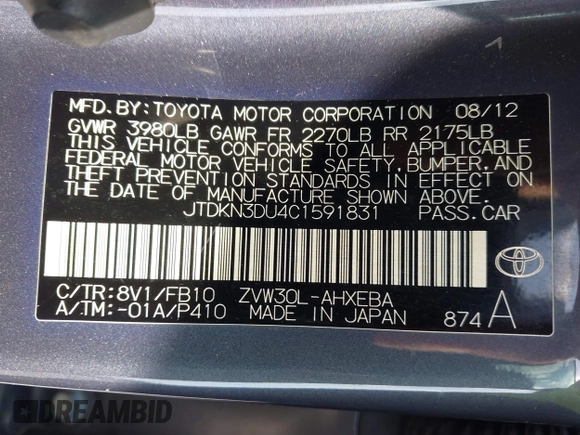 2012 Toyota Prius One z VIN JTDKN3DU4C1591831, wystawiony jako IAAI lot #41918102 z przebiegiem 167 443 mil mil oraz . Historia ofert i sprzedaży dostępna na DreamBid. Obrazek 9.