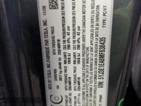 2021 Tesla Model 3 Standard Range Plus z VIN 5YJ3E1EA6MF838465, wystawiony jako Copart lot #55296995 z przebiegiem 81 661 mil mil oraz Czysty tytuł • Clean title. Historia ofert i sprzedaży dostępna na DreamBid. Obrazek 13.