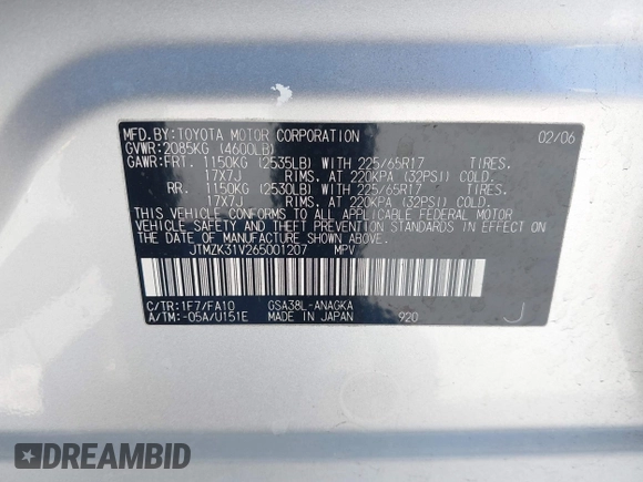 2006 Toyota RAV4 Limited with VIN JTMZK31V265001207, listed as a IAAI auction lot 42677270 with 176,761 mi miles and . Bid and sale history available at DreamBid. Image 9.