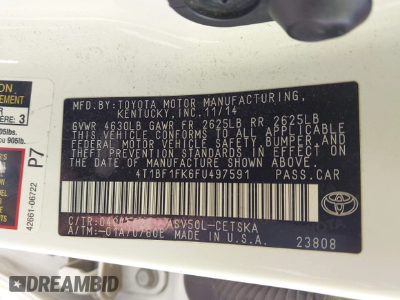 2015 Toyota Camry XLE with VIN 4T1BF1FK6FU497591, listed as a IAAI auction lot 41882658 with 149,394 mi miles and . Bid and sale history available at DreamBid. Image 9.