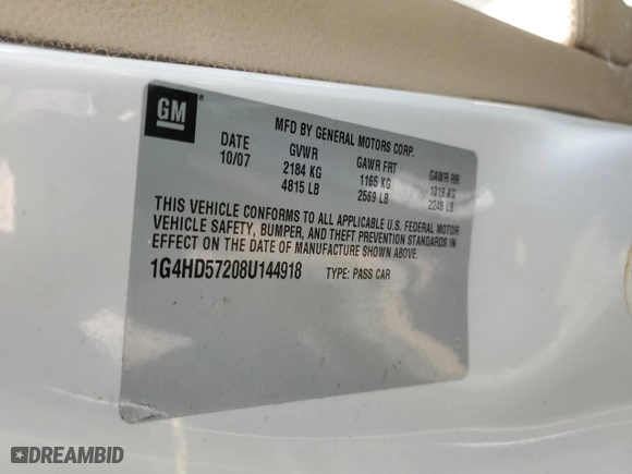 2008 Buick Lucerne CXL with VIN 1G4HD57208U144918, listed as a Copart auction lot 87849235 with 0 mi miles and Non Repairable. Bid and sale history available at carsss.com. Image 13.