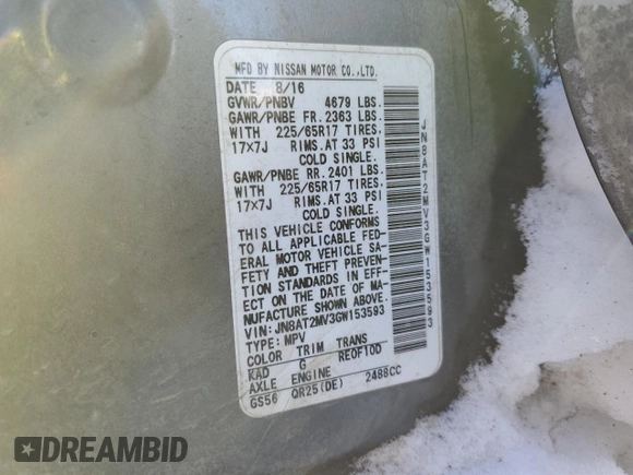 2016 Nissan Rogue SV with VIN JN8AT2MV3GW153593, listed as a Copart auction lot 45297925 with Not Provided miles and Salvage Title. Bid and sale history available at DreamBid. Image 14.