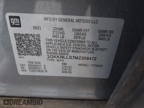 2021 GMC Acadia AT4 with VIN 1GKKNLLS7MZ208472, listed as a IAAI auction lot 42217842 with 70,175 mi miles and . Bid and sale history available at DreamBid. Image 9.