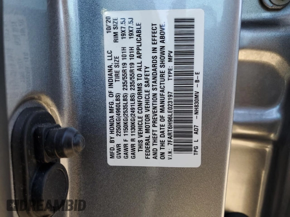 2020 Honda CR-V Touring with VIN 7FART6H96LE023197, listed as a Copart auction lot 55834495 with 18,779 mi miles and Salvage title. Bid and sale history available at DreamBid. Image 13.