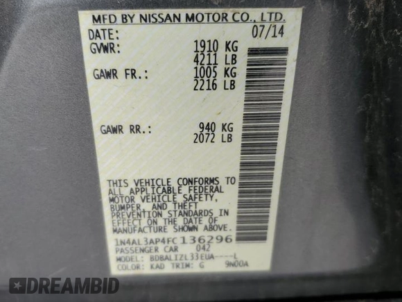 2015 Nissan Altima SV with VIN 1N4AL3AP4FC136296, listed as a Copart auction lot 82713214 with 143,138 mi miles and Clean Title. Bid and sale history available at DreamBid. Image 12.