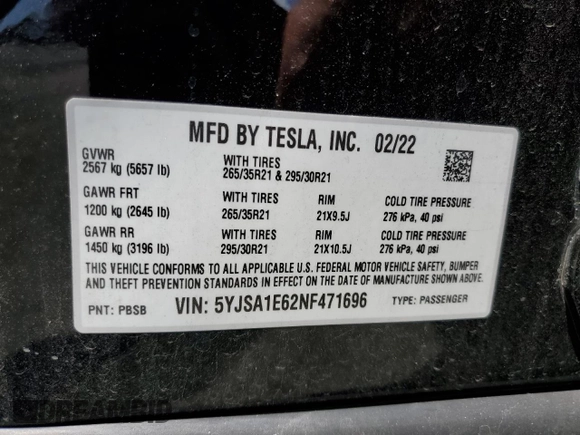 2022 Tesla Model S Plaid z VIN 5YJSA1E62NF471696, wystawiony jako Copart lot #56249555 z przebiegiem Nie podano mil oraz Szkoda całkowita • Salvage title. Historia ofert i sprzedaży dostępna na DreamBid. Obrazek 12.