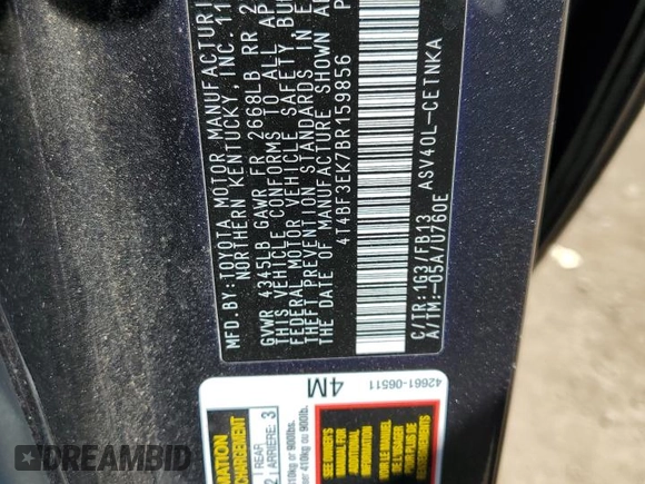 2011 Toyota Camry LE with VIN 4T4BF3EK7BR159856, listed as a Copart auction lot 59521625 with 123,519 mi miles and Salvage title. Bid and sale history available at DreamBid. Image 12.