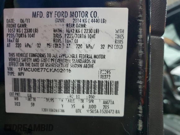 2012 Ford Escape Limited с VIN 1FMCU0E77CKA02016, выставлен на аукционе Copart как лот 55465135 с пробегом 139 680 миль миль и Списание • Salvage title. История ставок и продаж доступна на DreamBid. Изображение 13.