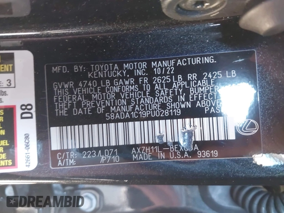 2023 Lexus ES with VIN 58ADA1C19PU028119, listed as a IAAI auction lot 41361461 with 48,379 mi miles. Bid and sale history available at carsss.com. Image 9.
