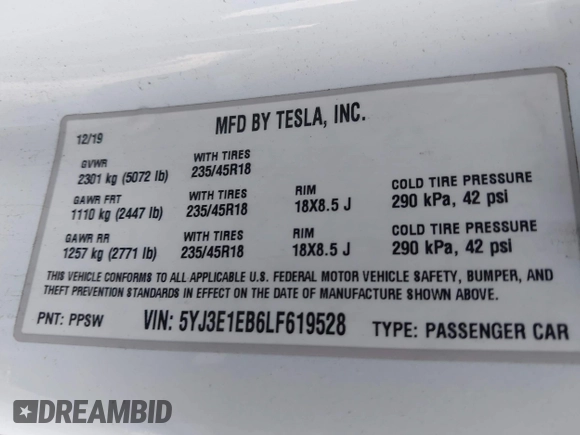 2020 Tesla Model 3 Long Range with VIN 5YJ3E1EB6LF619528, listed as a IAAI auction lot 41937430 with 70,327 mi miles. Bid and sale history available at carsss.com. Image 9.