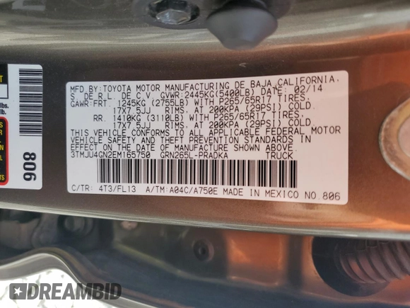 2014 Toyota Tacoma PreRunner with VIN 3TMJU4GN2EM165750, listed as a Copart auction lot 56969605 with Not Provided miles and Clean Title. Bid and sale history available at DreamBid. Image 12.