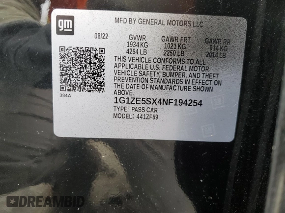 2022 Chevrolet Malibu Premier with VIN 1G1ZE5SX4NF194254, listed as a Copart auction lot 88919235 with 87,791 mi miles and Salvage Title. Bid and sale history available at DreamBid. Image 12.