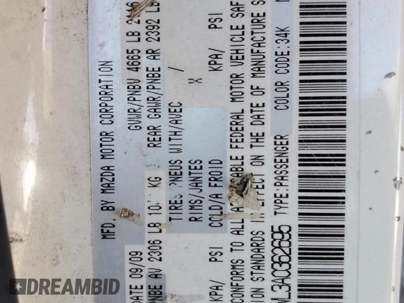 2010 Mazda 5 Sport with VIN JM1CR2WL3A0362695, listed as a Copart auction lot 54591605 with 188,534 mi miles and Salvage title. Bid and sale history available at DreamBid. Image 13.