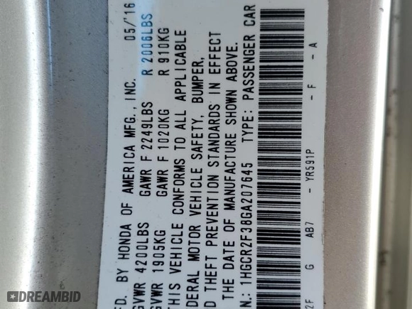 2016 Honda Accord Sedan LX with VIN 1HGCR2F38GA207645, listed as a Copart auction lot 44230695 with 84,127 mi miles and Non Repairable. Bid and sale history available at carsss.com. Image 14.