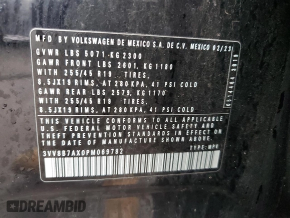 2023 Volkswagen Tiguan SE R-Line Black с VIN 3VV8B7AX0PM069782, выставлен на аукционе Copart как лот 52945925 с пробегом 64 870 миль миль и Списание • Salvage title. История ставок и продаж доступна на DreamBid. Изображение 12.