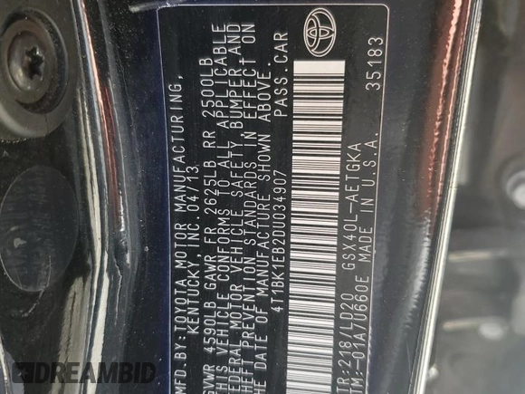 2013 Toyota Avalon XLE with VIN 4T1BK1EB2DU034907, listed as a Copart auction lot 51998375 with 205,150 mi miles and Salvage Title. Bid and sale history available at DreamBid. Image 14.