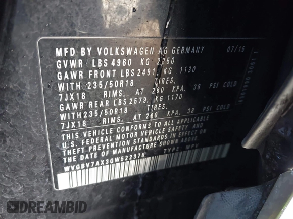 2016 Volkswagen Tiguan S with VIN WVGBV7AX3GW522378, listed as a IAAI auction lot 41391294 with 106,278 mi miles and . Bid and sale history available at DreamBid. Image 9.