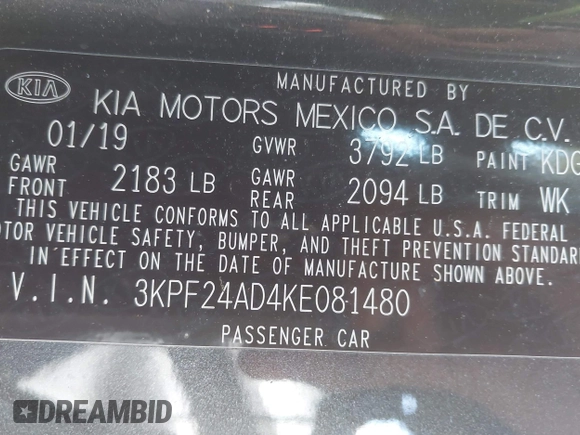 2019 Kia Forte LXS z VIN 3KPF24AD4KE081480, wystawiony jako IAAI lot #42073063 z przebiegiem 100 605 mil mil oraz . Historia ofert i sprzedaży dostępna na DreamBid. Obrazek 9.