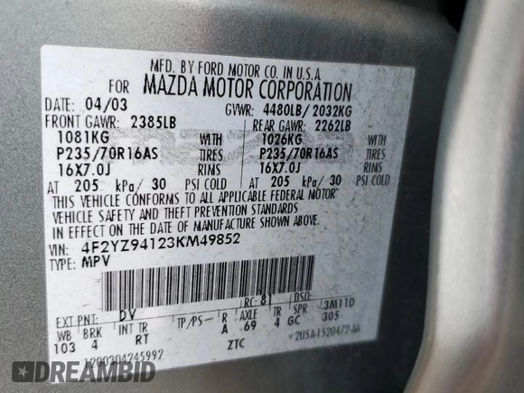 2003 Mazda Tribute LX with VIN 4F2YZ94123KM49852, listed as a Copart auction lot 71779054 with 263,938 mi miles and Salvage Title. Bid and sale history available at carsss.com. Image 13.