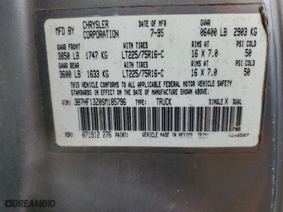 1995 Dodge Ram 1500 with VIN 3B7HF13Z0SM185796, listed as a Copart auction lot 79131814 with 184,890 mi miles and Salvage Title. Bid and sale history available at carsss.com. Image 12.