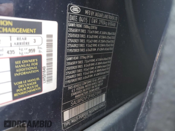 2015 Land Rover Range Rover Sport HSE with VIN SALWR2VF2FA531849, listed as a Copart auction lot 46579064 with Not provided miles and Salvage title. Bid and sale history available at DreamBid. Image 15.