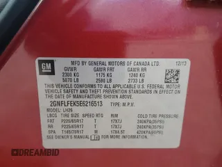 2014 Chevrolet Equinox LT z VIN 2GNFLFEK5E6216513, wystawiony jako Copart lot #58359255 z przebiegiem 95 818 mil mil oraz Szkoda całkowita • Salvage title. Historia ofert i sprzedaży dostępna na DreamBid. Obrazek 13.