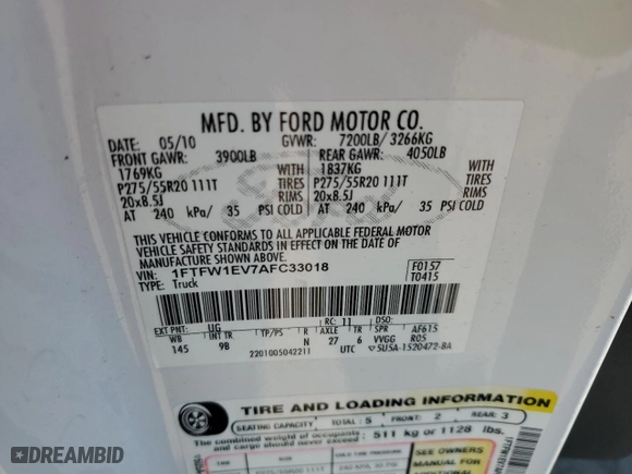 2010 Ford F-150 XL with VIN 1FTFW1EV7AFC33018, listed as a Copart auction lot 53820315 with 149,555 mi miles and Clean Title. Bid and sale history available at carsss.com. Image 12.