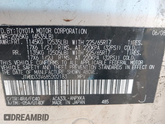 2008 Toyota RAV4 with VIN JTMBD33V685202183, listed as a IAAI auction lot 41766684 with 152,580 mi miles. Bid and sale history available at carsss.com. Image 9.