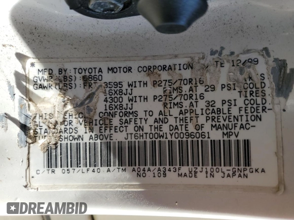 2000 Lexus LX 470 z VIN JT6HT00W1Y0096061, wystawiony jako Copart lot #52499155 z przebiegiem 199 914 mil mil oraz Tytuł czysty. Historia ofert i sprzedaży dostępna na DreamBid. Obrazek 13.