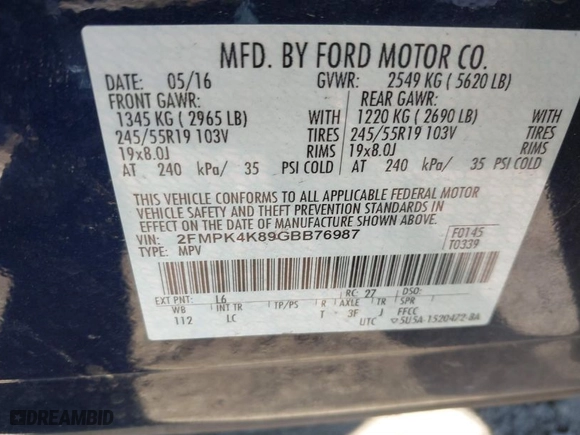 2016 Ford Edge Titanium with VIN 2FMPK4K89GBB76987, listed as a IAAI auction lot 41674638 with 89,069 mi miles. Bid and sale history available at carsss.com. Image 9.