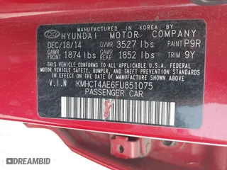 2015 Hyundai Accent GLS with VIN KMHCT4AE6FU851075, listed as a IAAI auction lot 41868391 with 90,523 mi miles. Bid and sale history available at carsss.com. Image 9.