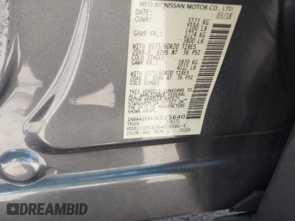 2018 Nissan Titan SV with VIN 1N6AA1E6XJN525640, listed as a IAAI auction lot 42139103 with 88,338 mi miles and . Bid and sale history available at DreamBid. Image 9.