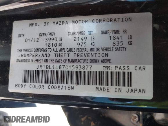 2012 Mazda 3 i Touring z VIN JM1BL1L87C1593877, wystawiony jako IAAI lot #41839090 z przebiegiem 175 624 mil mil oraz . Historia ofert i sprzedaży dostępna na DreamBid. Obrazek 9.