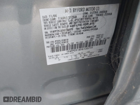 2005 Ford Five Hundred Limited with VIN 1FAFP251X5G133775, listed as a IAAI auction lot 42180128 with 314,929 mi miles and . Bid and sale history available at DreamBid. Image 9.