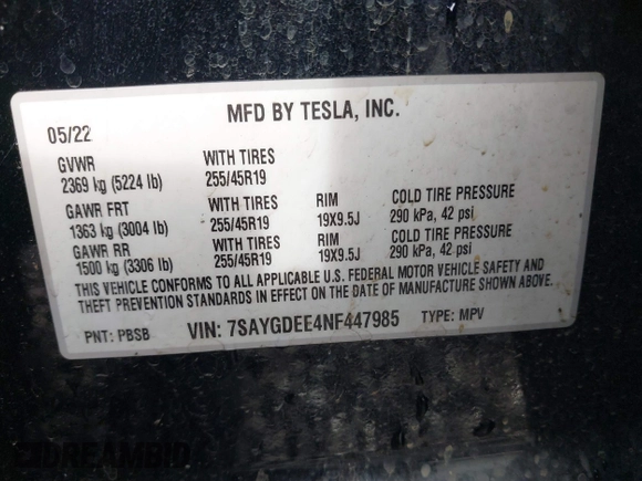 2022 Tesla Model Y Long Range z VIN 7SAYGDEE4NF447985, wystawiony jako IAAI lot #41811782 z przebiegiem 81 973 mil mil oraz . Historia ofert i sprzedaży dostępna na DreamBid. Obrazek 9.