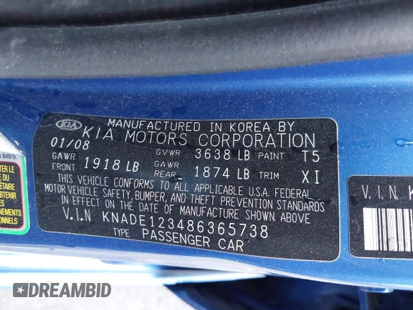 2008 Kia Rio LX with VIN KNADE123486365738, listed as a IAAI auction lot 41902367 with 248,194 mi miles. Bid and sale history available at carsss.com. Image 9.