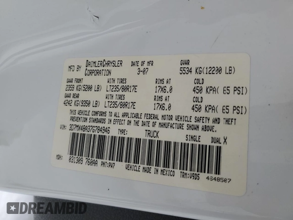 2007 Dodge 3500 SLT with VIN 3D7MX48A37G784946, listed as a Copart auction lot 44722485 with 386,813 mi miles and Salvage title. Bid and sale history available at DreamBid. Image 12.