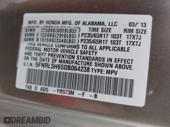 2013 Honda Odyssey EX-L with VIN 5FNRL5H65DB064238, listed as a IAAI auction lot 42050743 with 189,437 mi miles and . Bid and sale history available at carsss.com. Image 9.