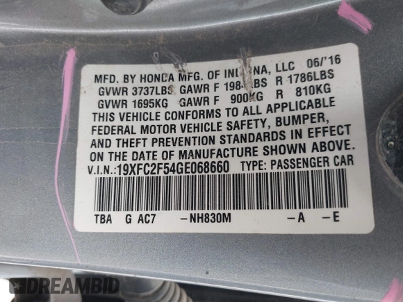 2016 Honda Civic Sedan LX with VIN 19XFC2F54GE068660, listed as a IAAI auction lot 41879984 with 34,144 mi miles. Bid and sale history available at carsss.com. Image 9.