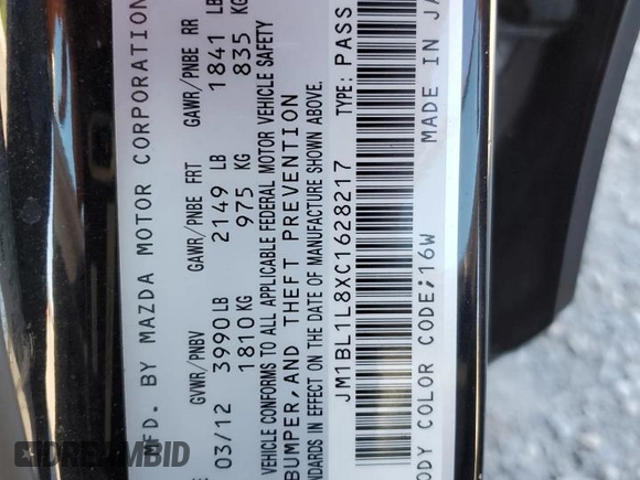 2012 Mazda 3 i Touring with VIN JM1BL1L8XC1628217, listed as a Copart auction lot 58494425 with 62,727 mi miles and Salvage title. Bid and sale history available at DreamBid. Image 14.