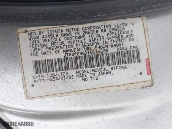 2001 Lexus ES 300 with VIN JT8BF28G015112689, listed as a IAAI auction lot 42075076 with 241,147 mi miles. Bid and sale history available at carsss.com. Image 9.