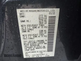 2010 Nissan Pathfinder LE with VIN 5N1AR1NB8AC618785, listed as a IAAI auction lot 41774406 with 172,200 mi miles and . Bid and sale history available at DreamBid. Image 9.