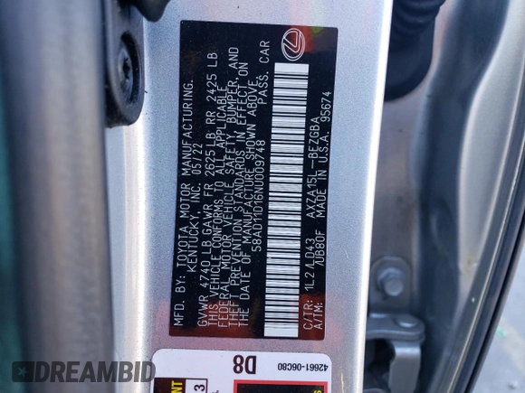 2022 Lexus ES 250 z VIN 58AD11D16NU009748, wystawiony jako Copart lot #78064964 z przebiegiem 30 511 mil mil oraz Szkoda całkowita • Salvage title. Historia ofert i sprzedaży dostępna na DreamBid. Obrazek 13.