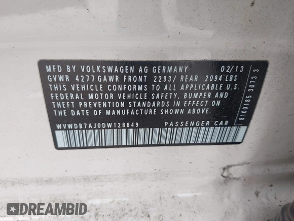 2013 Volkswagen Golf w/Conv & Sunroof с VIN WVWDB7AJ0DW128849, выставлен на аукционе IAAI как лот 42132601 с пробегом 143 182 миль миль и . История ставок и продаж доступна на DreamBid. Изображение 9.