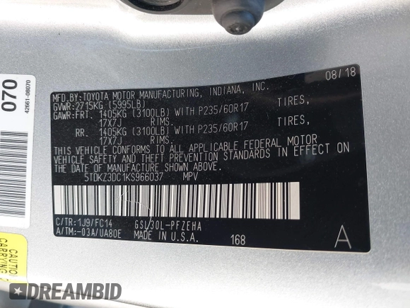 2019 Toyota Sienna LE Auto Access Seat z VIN 5TDKZ3DC1KS966037, wystawiony jako IAAI lot #41972610 z przebiegiem 59 585 mil mil oraz . Historia ofert i sprzedaży dostępna na DreamBid. Obrazek 9.