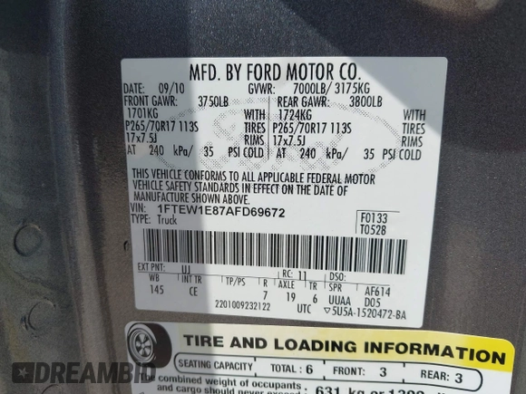 2010 Ford F-150 XL with VIN 1FTEW1E87AFD69672, listed as a IAAI auction lot 42590920 with 117,126 mi miles and . Bid and sale history available at DreamBid. Image 9.