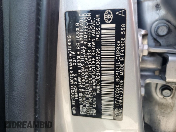 2016 Toyota Yaris L z VIN VNKKTUD34GA065795, wystawiony jako Copart lot #58351755 z przebiegiem 470 611 mil mil oraz Tytuł czysty. Historia ofert i sprzedaży dostępna na DreamBid. Obrazek 12.