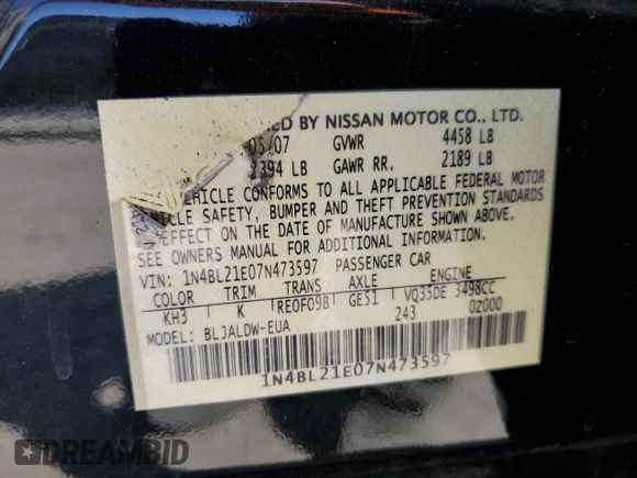 2007 Nissan Altima SL with VIN 1N4BL21E07N473597, listed as a Copart auction lot 52637015 with 171,677 mi miles and Salvage Title. Bid and sale history available at DreamBid. Image 13.