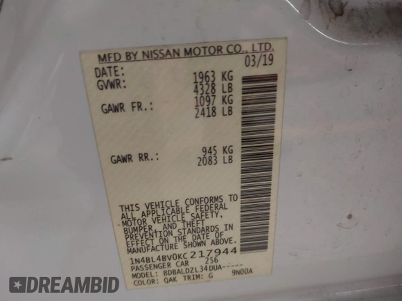 2019 Nissan Altima S with VIN 1N4BL4BV0KC217944, listed as a IAAI auction lot 41554185 with 121,514 mi miles and . Bid and sale history available at DreamBid. Image 9.